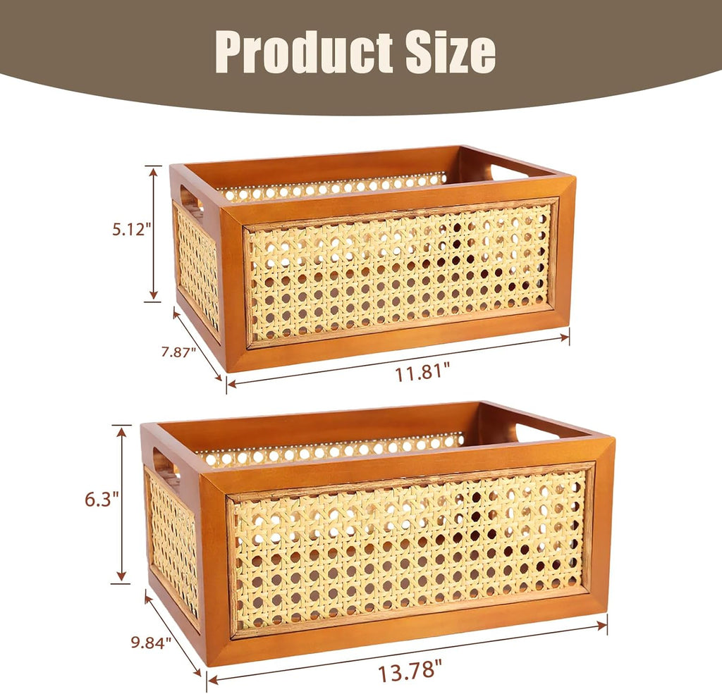 Rattan Storage Baskets Set, Wooden Frame with Woven Cane Design, Nesting Organizer Bins Bedroom Bathroom Kitchen