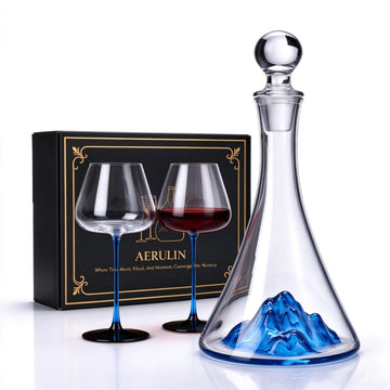 Wine Decanter Set with 2 Glasses, Unique Blue Mountain Gift Box