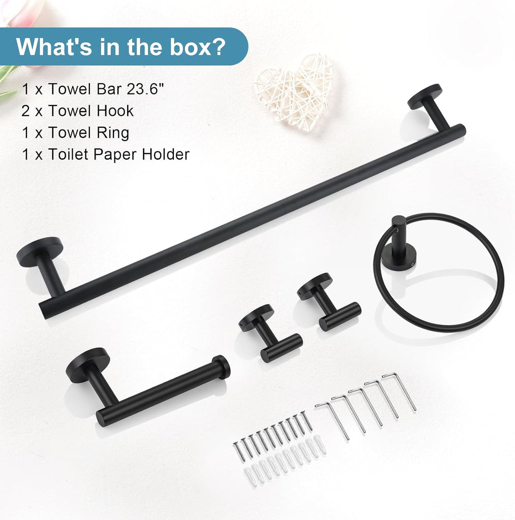 Matte Black Bathroom Hardware Set 5 Pieces, SUS304 Stainless Steel Towel Bar Set Round Bathroom Towel Rack Set Wall