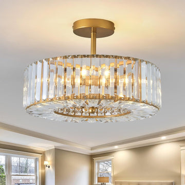 4 Lights Modern Crystal Chandelier Gold Round Semi Flush Mount Ceiling Light Fixture Farmhouse Chandelier for Dining