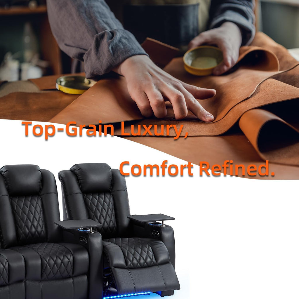 Home Theater Seating Seats Classic Series Top Grain Leather Loveseat Recliner Chairs Dual Power Movie Gaming Sofa