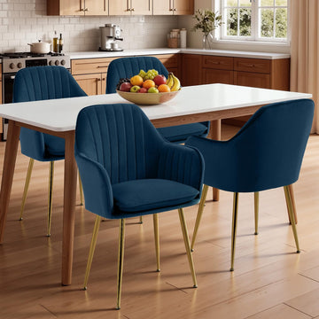 Modern Living Dining Room Accent Arm Chairs Set of 4, Velvet Mid-Century Upholstered Seat Club Guest with Golden