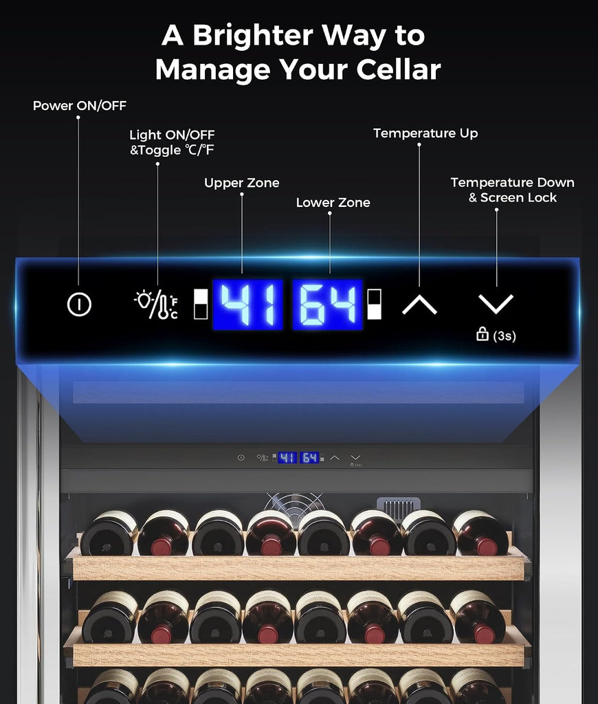 Wine Fridge Beverage Refrigerator - 24” Dual Zone 41 - 64°F/41-64°F Wine Cooler for 46 Bottles, Built