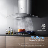 30 Inch Stainless Steel Wall Mount Range Hood 450 CFM 3 Speed LED Lights, Baffle Filters, Convertible Ducted/Ductless Glass Canopy