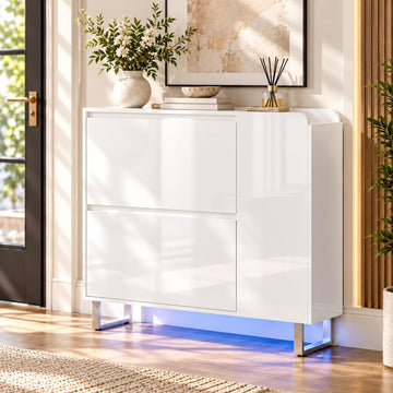 High Gloss Shoe Cabinet, 2 Flip Drawers with LED, White