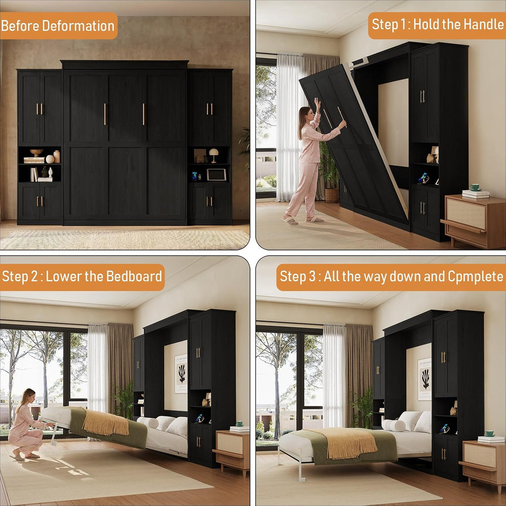 Queen Murphy Bed with 2 Storage Cabinet Shelves, Farmhouse Wood Hidden Foldable Wall Bed Frame, Space Saving Beds