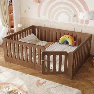 Full Size Wood Montessori Floor Bed Frame with High Fence, Natural | Modern Style Low-Profile Design Floor Bed with