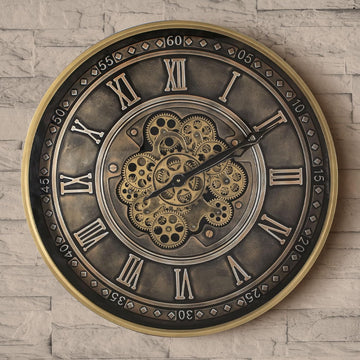 24 Inch Antique Bronze Industrial Steampunk Wall Clock with Real Moving Gears, Metal Oversized Gear Clock with Tempered Glass, Silent...