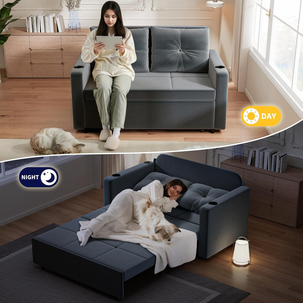 3 in 1 Pull Out Couch, 56 Inch Velvet Sofa Bed, Convertible Sleeper Sofa , Upholstered Loveseat Couch Bed with USB