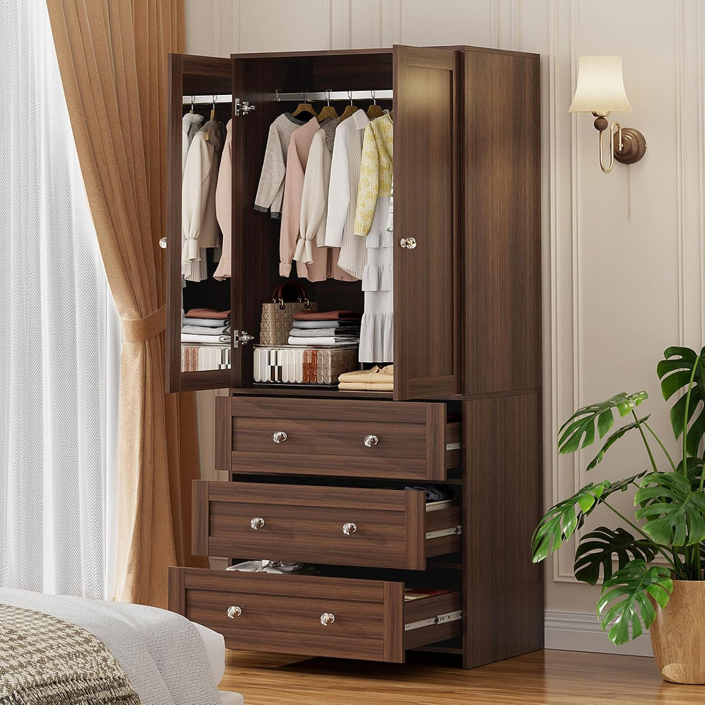 71" Tall Armoire Wardrobe Closet with Drawers and Mirror | Clothing Storage Cabinet with Hanging Rod, 2 Doors Wooden