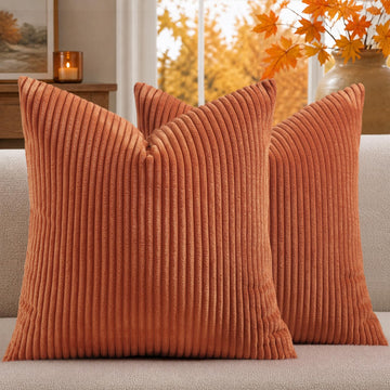 Corduroy Fall Decorative Throw Pillow Covers 20x20 Set of 2 Rust