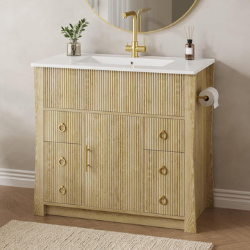 36" Freestanding Fluted Bathroom Vanity with Sink & Drain - Cabinet with 4 Drawers & Door