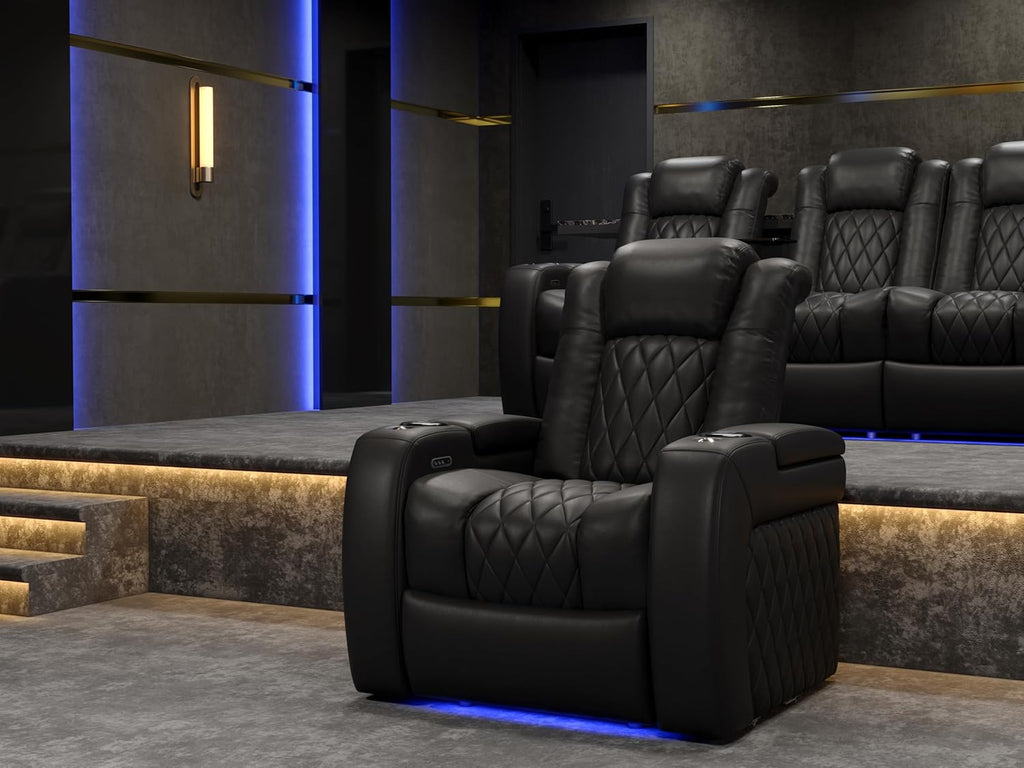 Tuscany Home Theater Seat - Nappa Leather Power Recliner with Cool Gel Memory Foam, USB-C/A Charging, RGB LED Lights