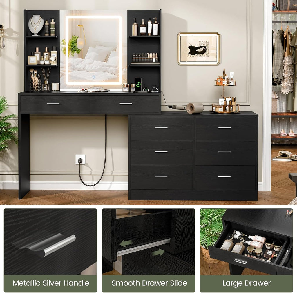 Vanity Desk with LED Lighted Mirror & Power Outlet, Modern Corner Makeup Vanity Table with 8 Drawers & Open Shelves