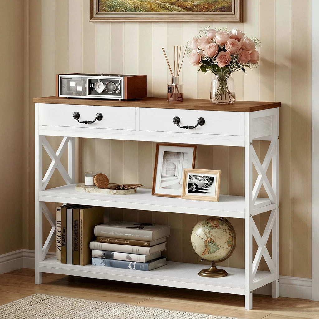 39.4" Farmhouse Console Table with Storage, White/Walnut
