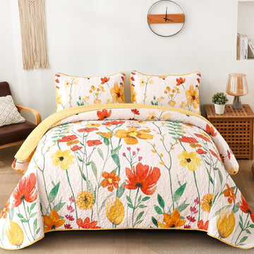Quilt Set, Yellow Floral Reversible Bedspread Soft Microfiber Lightweight Quilt Bedding Sets Reversible
