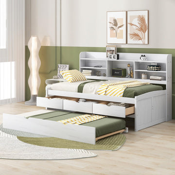 Twin Size Daybed, Wooden Captain Bed with Built-in Bookshelves, Twin Daybed with 3 Storage Drawers and Trundle, White