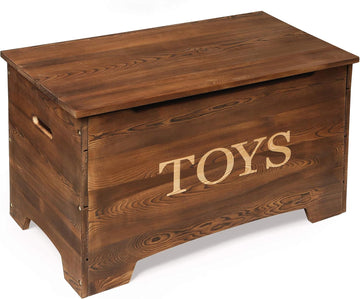 Basket Farmhouse Wooden Toy Box - Rustic Storage Chest for Kids with Reversible Toys Panel, Safety Hinge Lid, Front
