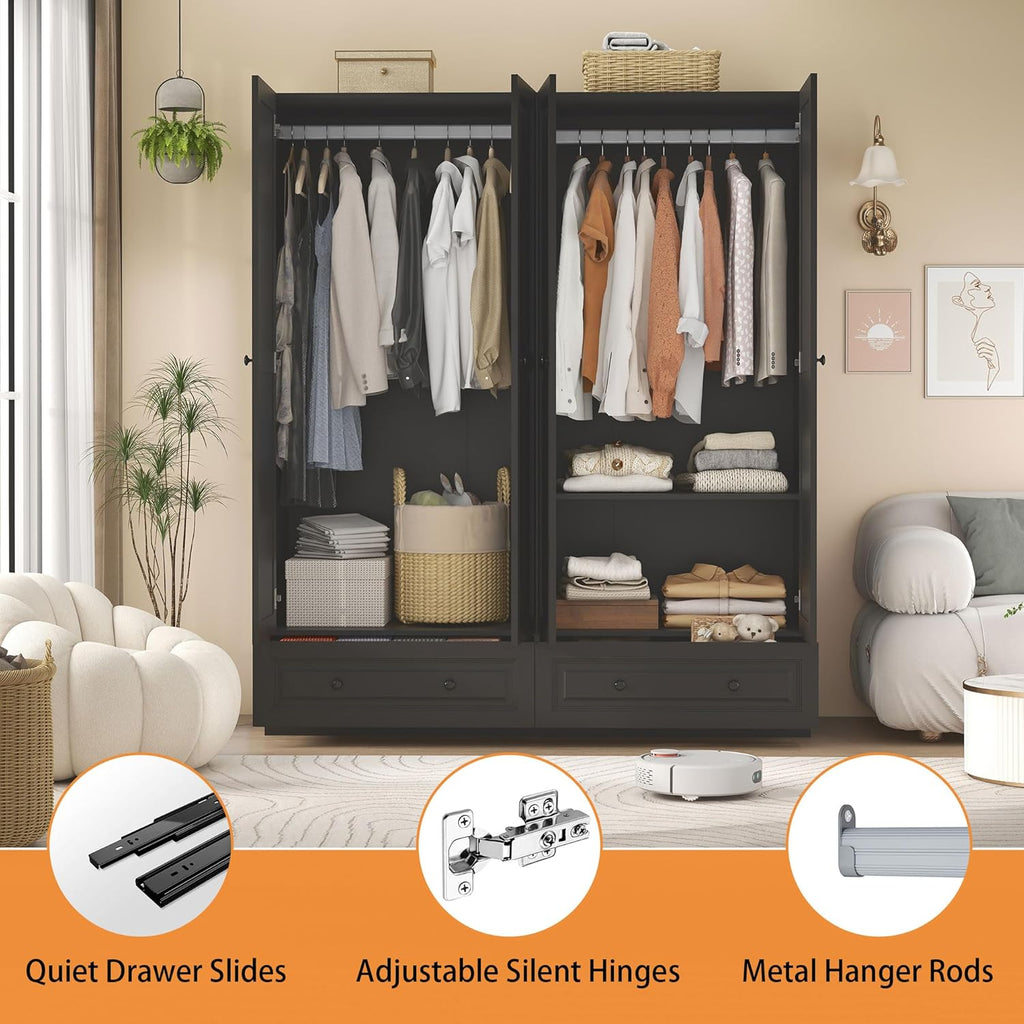 Armoire Wardrobe Closet with Drawers: 74" Black Wardrobe Closet with 4 Doors, Bedroom Armoires with 2 Drawers, Wood