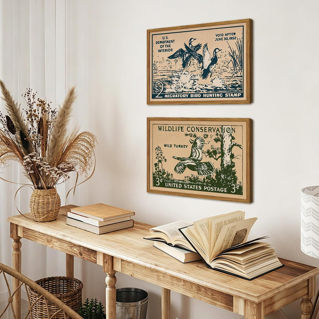 Framed Vintage Wildlife Stamp Wall Art Set of 2, Retro Conservation Duck and Wild Turkey Pictures Wall Decor, Rustic