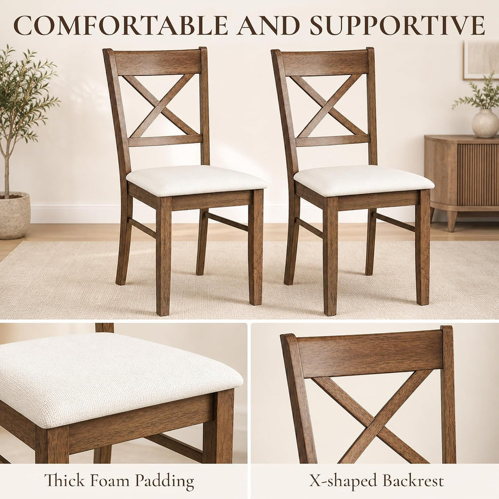 Dining Chairs Set of 2, Upholstered Kitchen Chairs with Rubberwood Frame, Padded Seat and Cross Back for Living Room