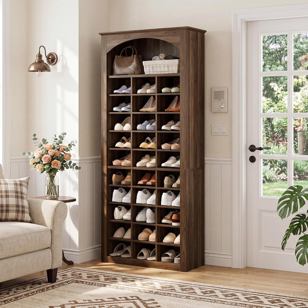 68.7" Tall Shoe Cabinet, 30-Cube Large Capacity Shoe Organizer with Arched Display Shelf, Rustic Entryway Storage for