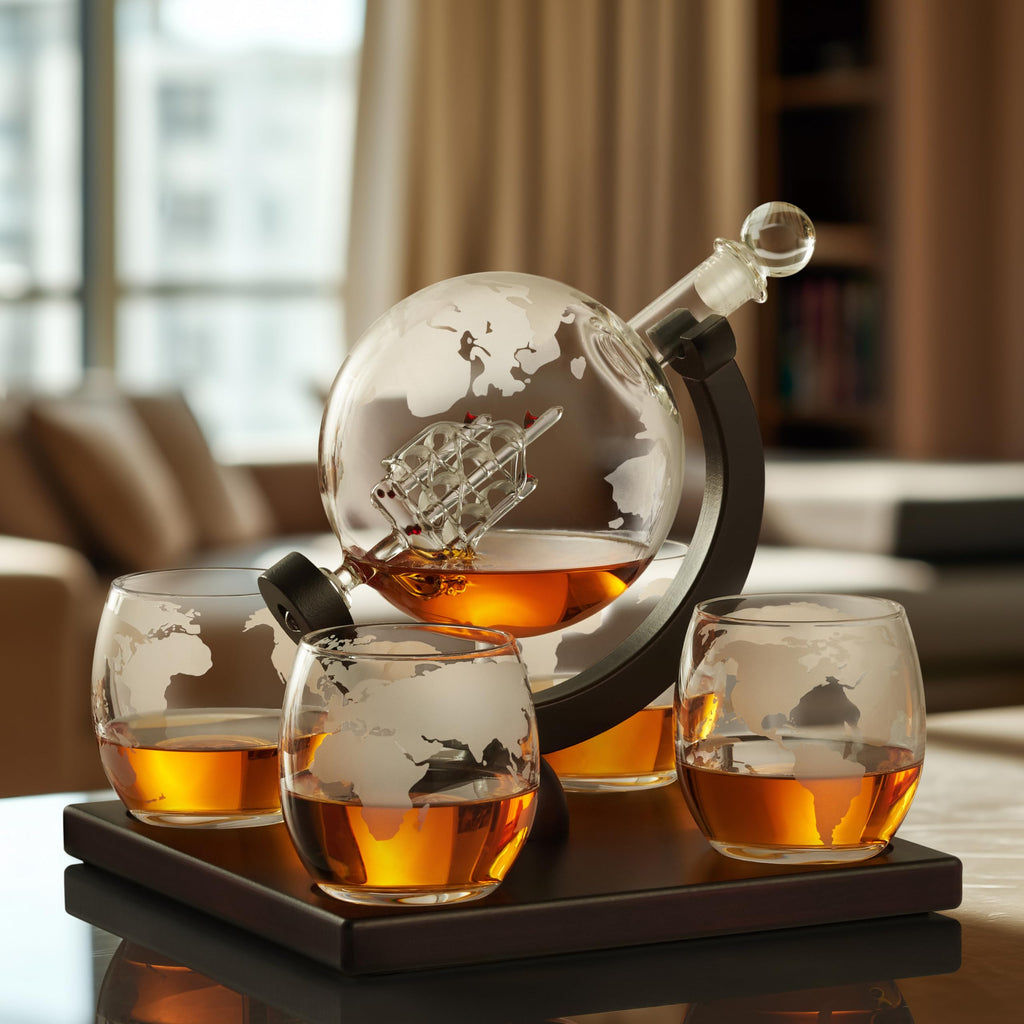 Whiskey Decanter Globe Set for Men with 4 Glasses, Bourbon, Rum, Scotch, Crystal Clear Decanter Sets - Whiskey Gifts