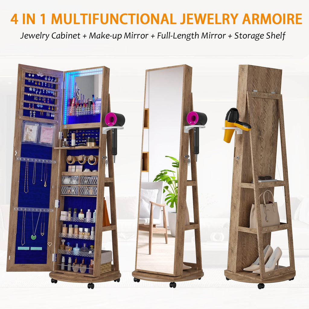 Full Length Mirror Jewelry Armoire, LED, Lockable, Rotating, Walnut