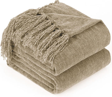 Chenille Throw Blanket,50"X60" Soft Cozy Lightweight Knitted Boho Decorative Blankets,Taupe
