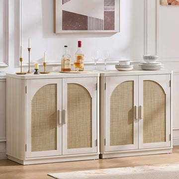 Rattan Sideboard Buffet Cabinet with Storage, 63" Coffee Bar Cabinet with 4 Arch Doors & Adjustable Shelves, Wood