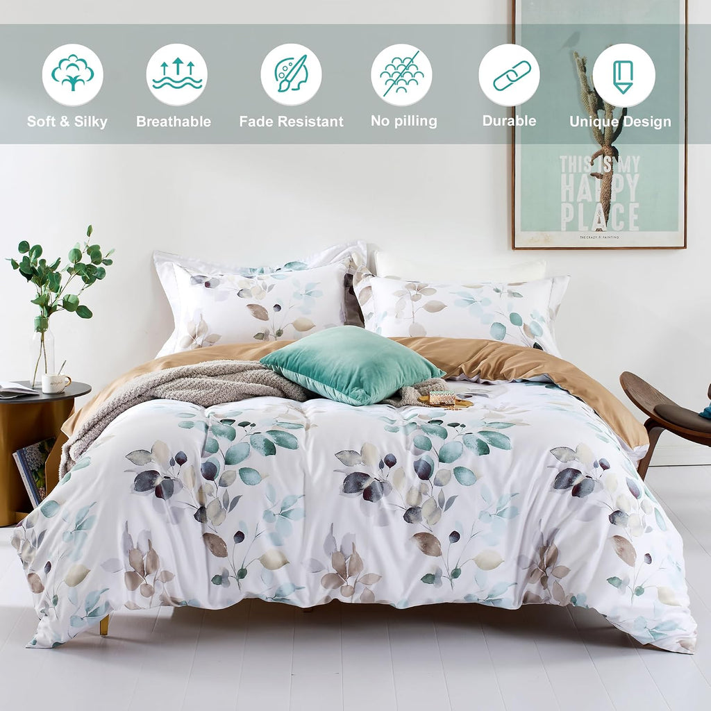 Floral Duvet Cover Set - 100% Long-Staple Cotton Green Leaves Pattern Printed Comforter Cover 3pcs Soft Breathable