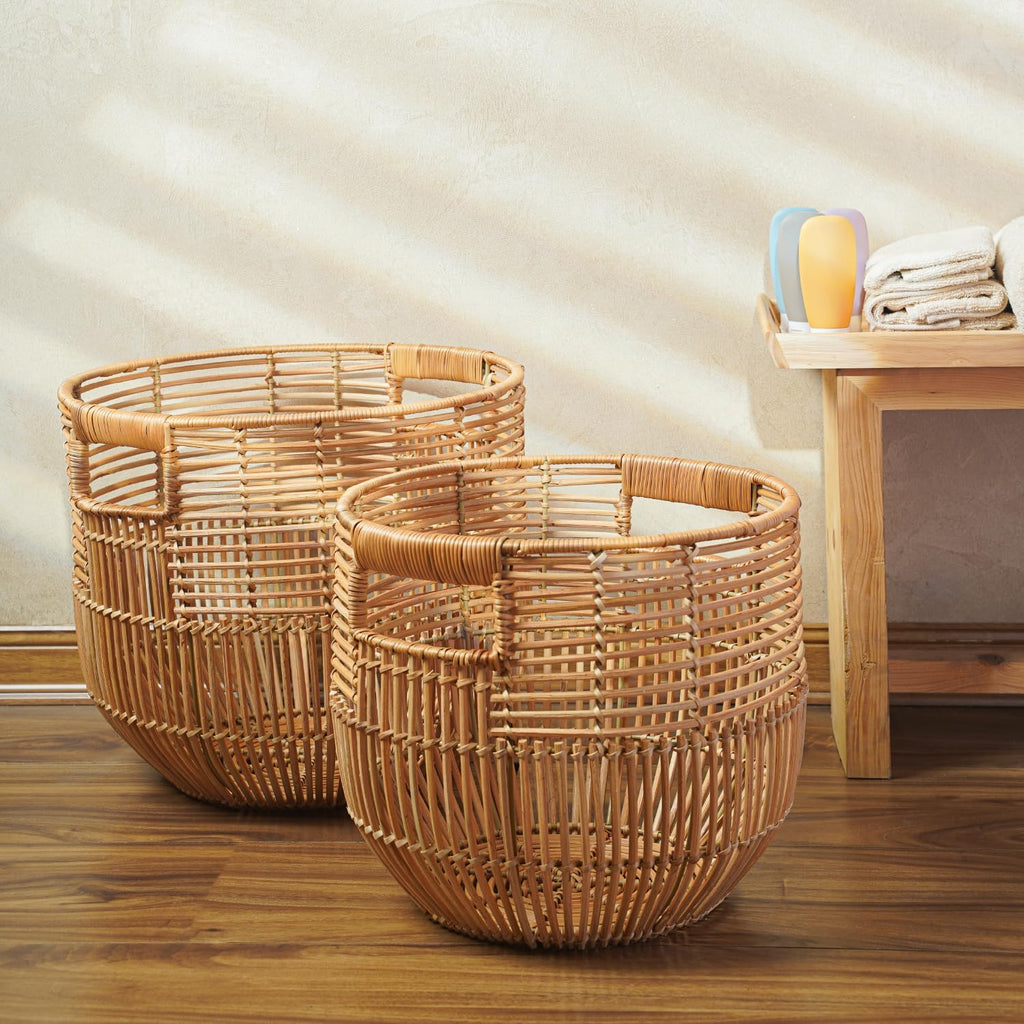 Set Of 2 Large Woven Blanket Baskets With Handles | Round Wicker Rattan Storage Floor Baskets for Shoe | Extra Big