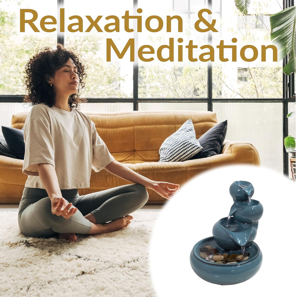 Tiered Vessels Ceramic Tabletop Water Fountain - Relaxing Indoor Fountain - Teal