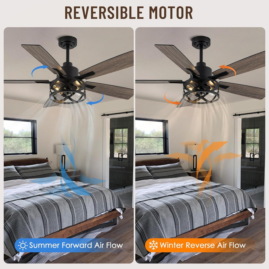 52" Farmhouse Ceiling Fan with Lights and Remote,Ceiling Fan with Caged Rustic Light Fixture,Reversible DC Motor