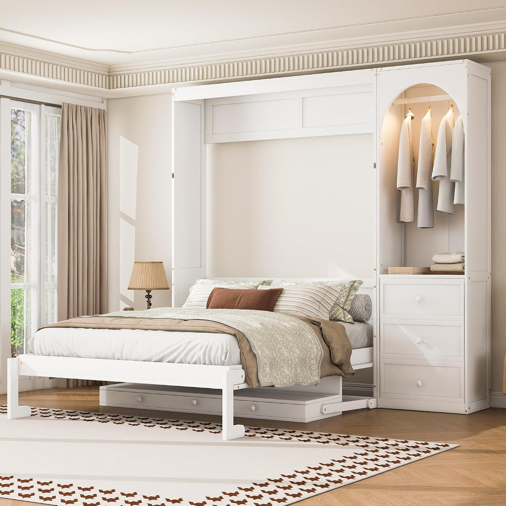 Queen Murphy Bed with Desk, Storage Shelf, 3 Drawers, Solid Wood Frame, 800 lbs Capacity, Easy to Install, Quiet