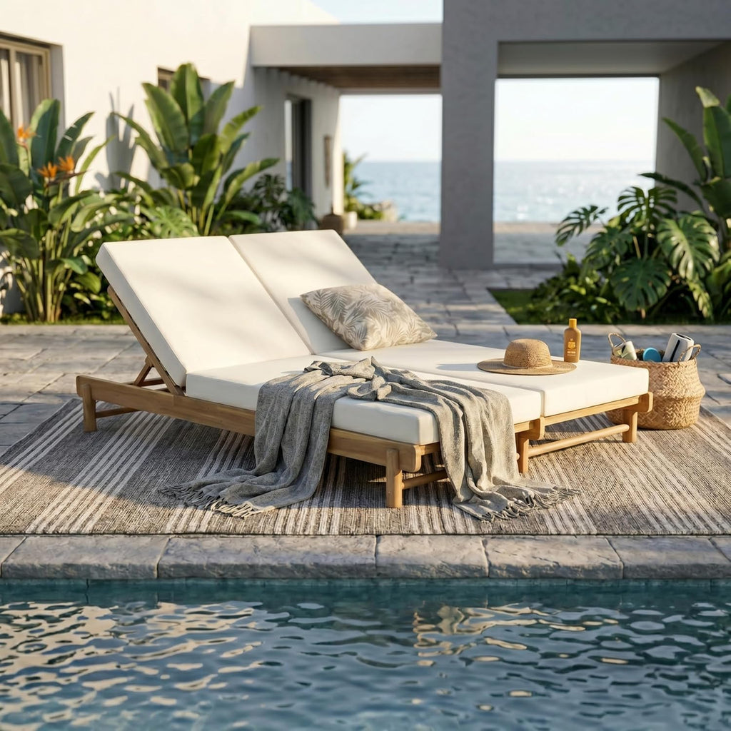 Set of 2 Outdoor Chaise Lounges with 3-Fold Cushions, Acacia Wood Recliner Chair Frame with Slatted Design