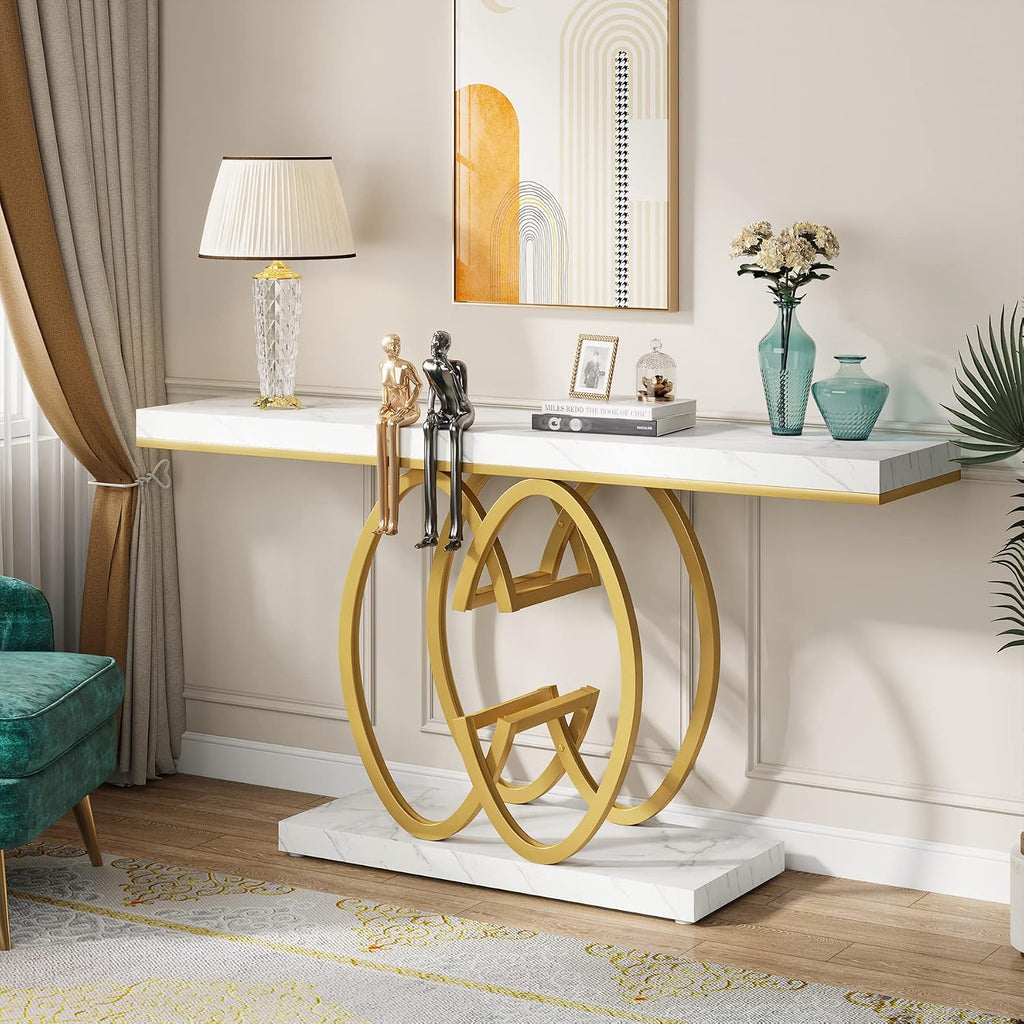 55 Inch Console Table , Faux Marble Gold Entryway Table with Geometric Metal Base, Modern Narrow Sofa Accent Table
