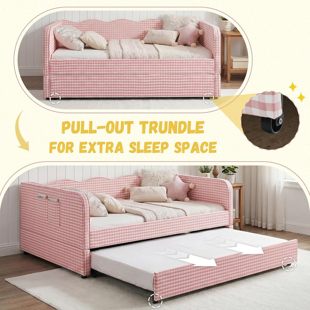 Full Size Gingham Day Bed with Trundle and Storage Pockets | Upholstered Daybed Living Room Guest Room-Pink