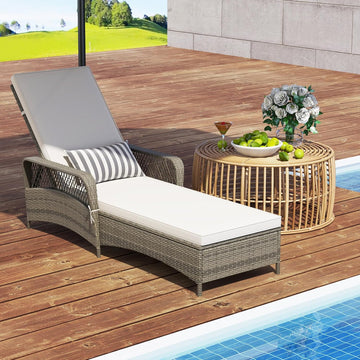 Wicker Chaise Lounge Chair, Patio Rattan Recliner with 6-Position Adjustable Backrest, Soft Cushions