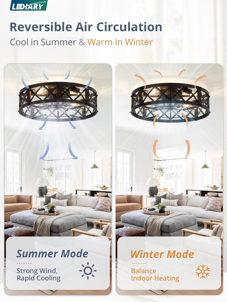 20" Caged Ceiling Fan with Light, APP&Remote Control, Small Flush Mount Farmhouse Fan Lights