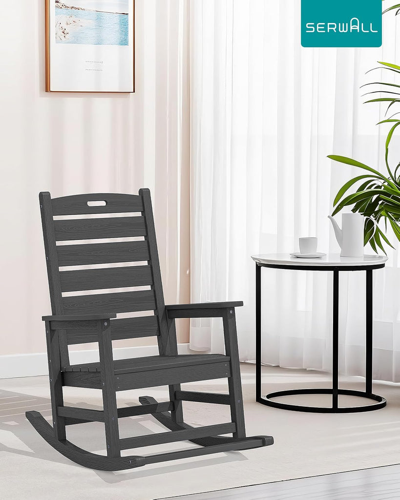 2-Pc Rocking Chair Set with Footboard, HDPE, 350lbs Cap, Gray | Oversized HDPE Rocking Chair with Footrest for