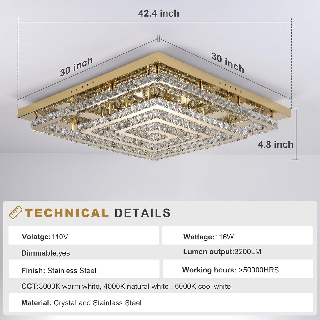 43" Modern Gold Crystal Chandelier with Remote/App Control, Dimmable Flush Mount Ceiling Light Fixture,3-Color