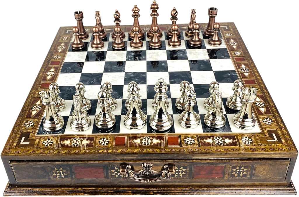 Premium Large Size Classic Chess Set with Metal Chessmen (Black Chess Board and Bronze&Silver Chess Pieces)