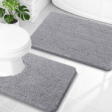 Bathroom Rugs Sets 2 Piece, Soft Absorbent Chenille Bath Mats and U-Shaped Contour Toilet Mat Area Rug Set, Machine