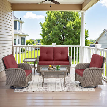 5 Piece Wicker Patio Furniture Set - Outdoor Conversation Sets with Deep Seating Swivel Rocker Chairs Loveseat and