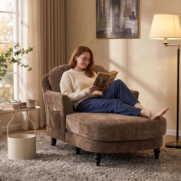 59.8" Chaise Lounge Chair Indoor, Oversized Reading Chair Bed, Brown | Comfy Single Reading Chairs, Modern