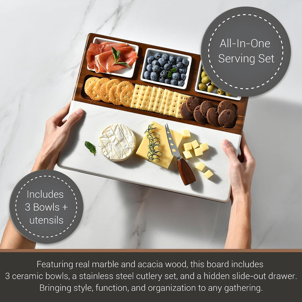 Wood Marble Cheese Board Set - Acacia & Marble Charcuterie Board with 3 Removable Ceramic Bowls & Stainless Steel