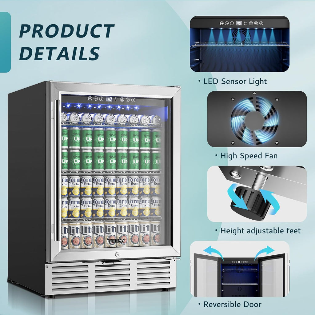 24 Inch Beverage Refrigerator, 180 Can Built-in Beverage Cooler, Under Counter B