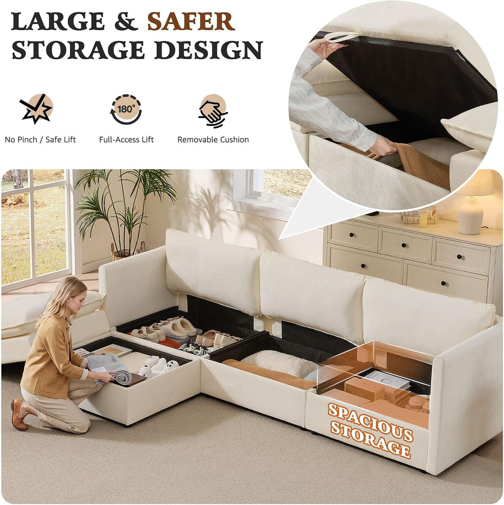 103" Modular Sectional Sofa with Storage, L Shaped Cloud Couch with Movable Ottomans & 4 Pillows, Chenille Deep Seat