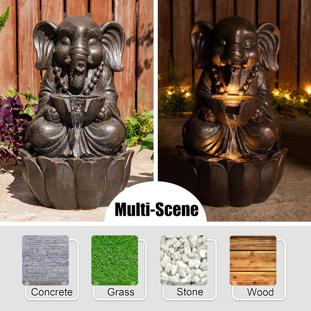 Outdoor Fountains, Water Fountains Outdoor with Lights&Pump, 21.75" H 2-Tiered Zen-Style Bronze Polyresin Elephant
